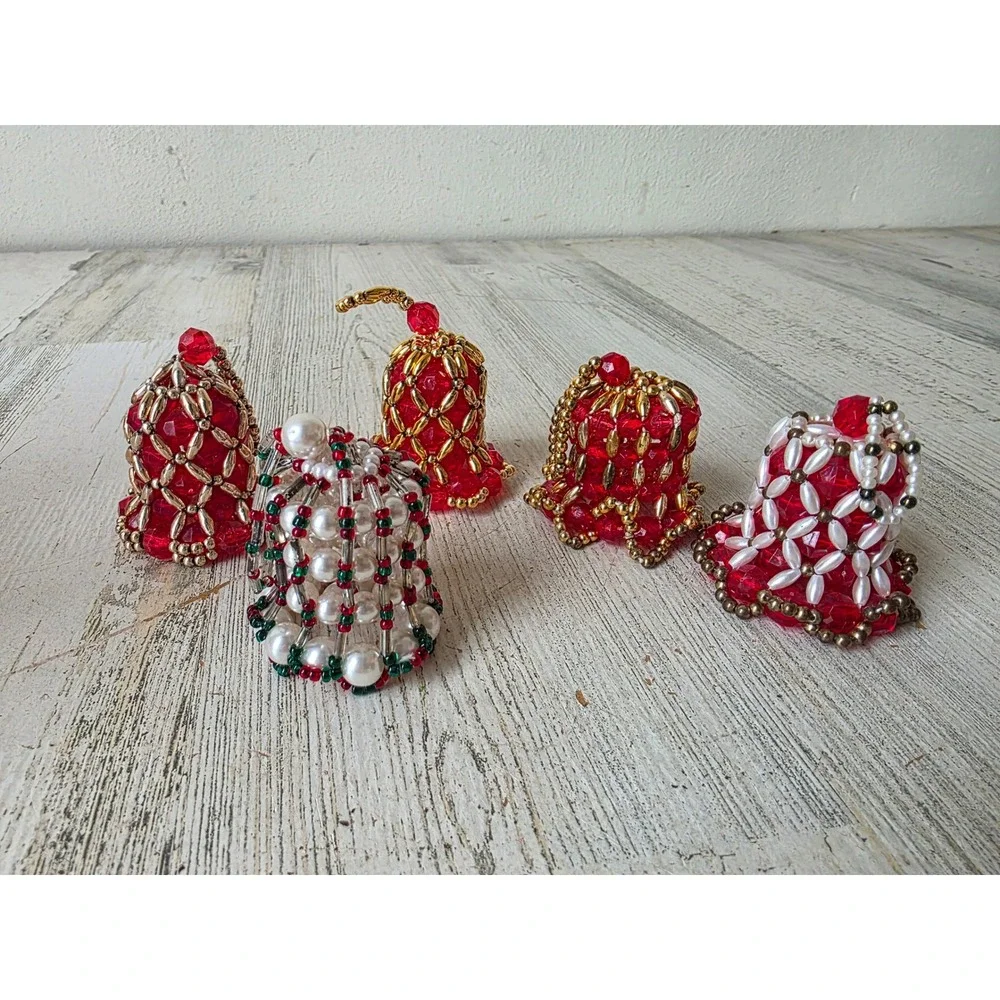 Vintage beaded Bell set ornament red Pearl Xmas gold tree
